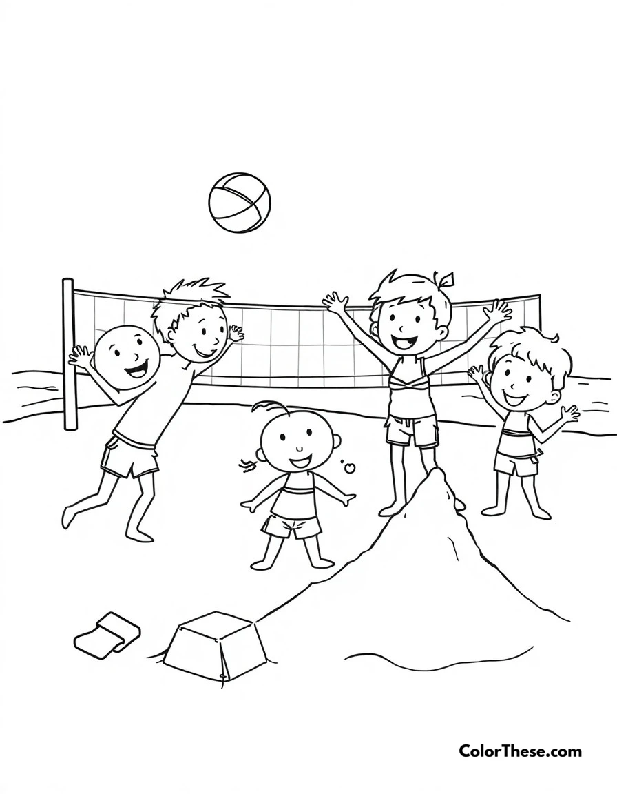 Free printable beach episode coloring page for kids and adults. Fun beach scene with characters playing volleyball and building sandcastles.