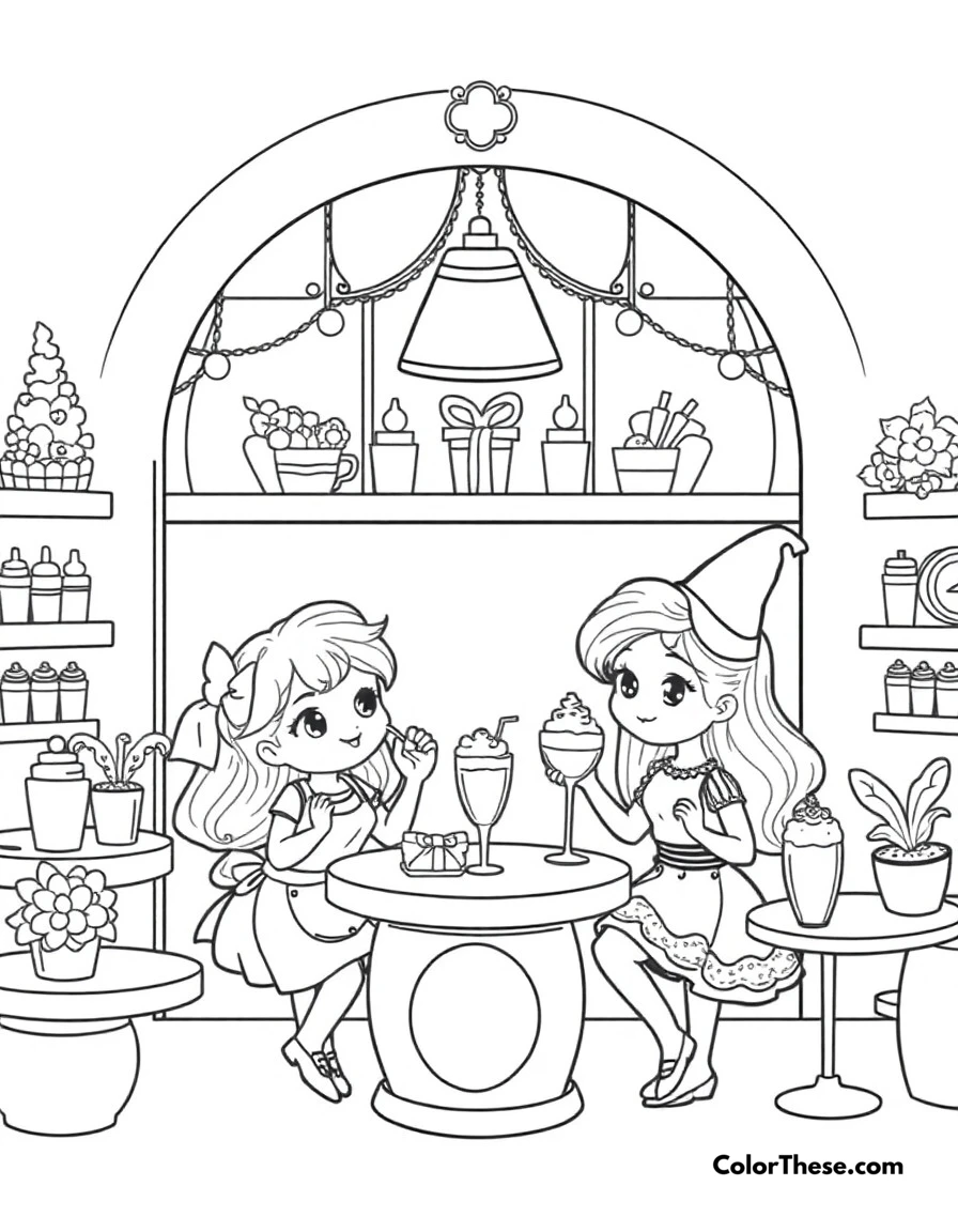 Free printable cute cafe scene coloring page for kids and adults. Adorable characters working in a magical cafe with fancy desserts and drinks.