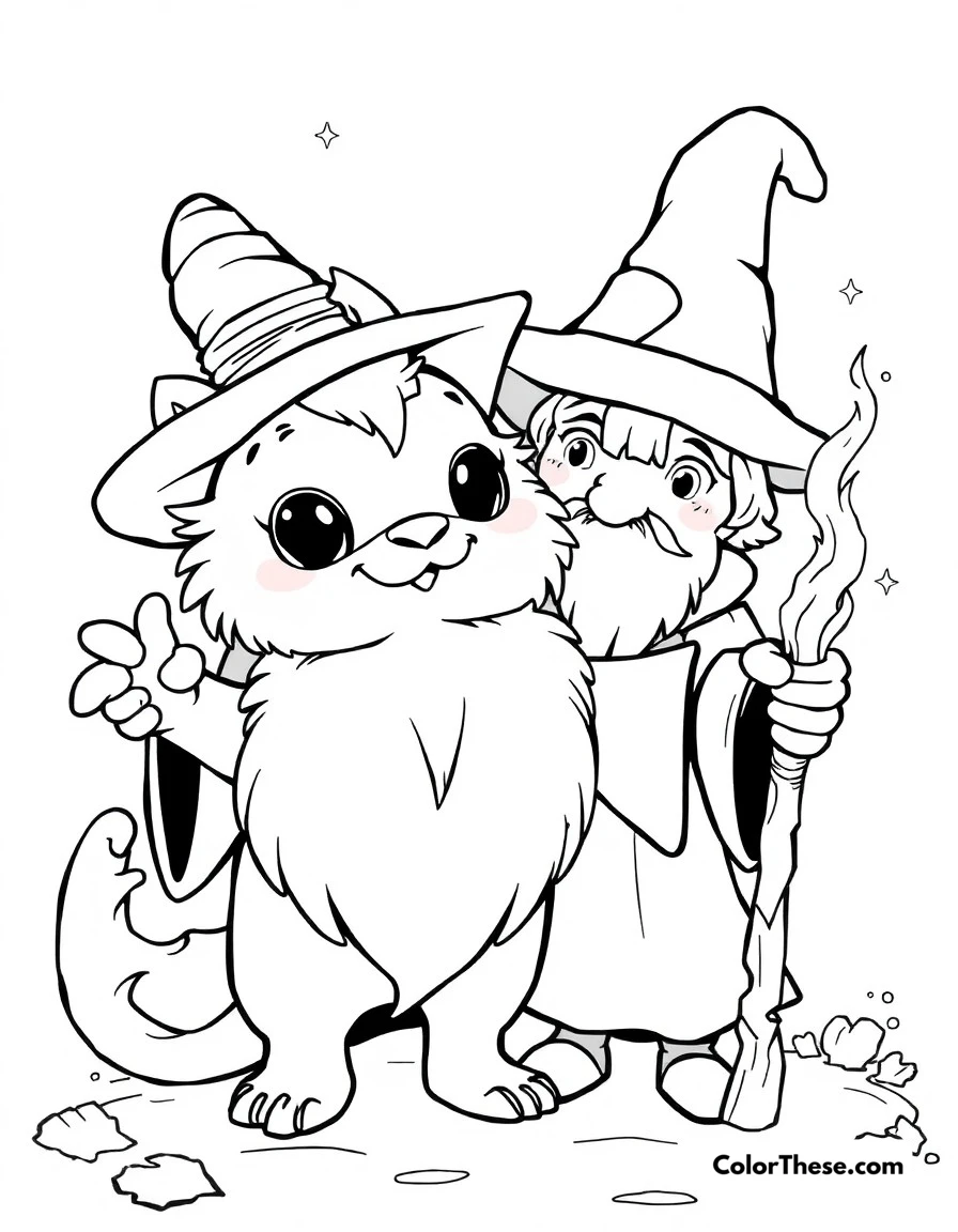 Free printable magical familiar coloring page for kids and adults. Cute magical creature companion with its wizard friend casting spells.