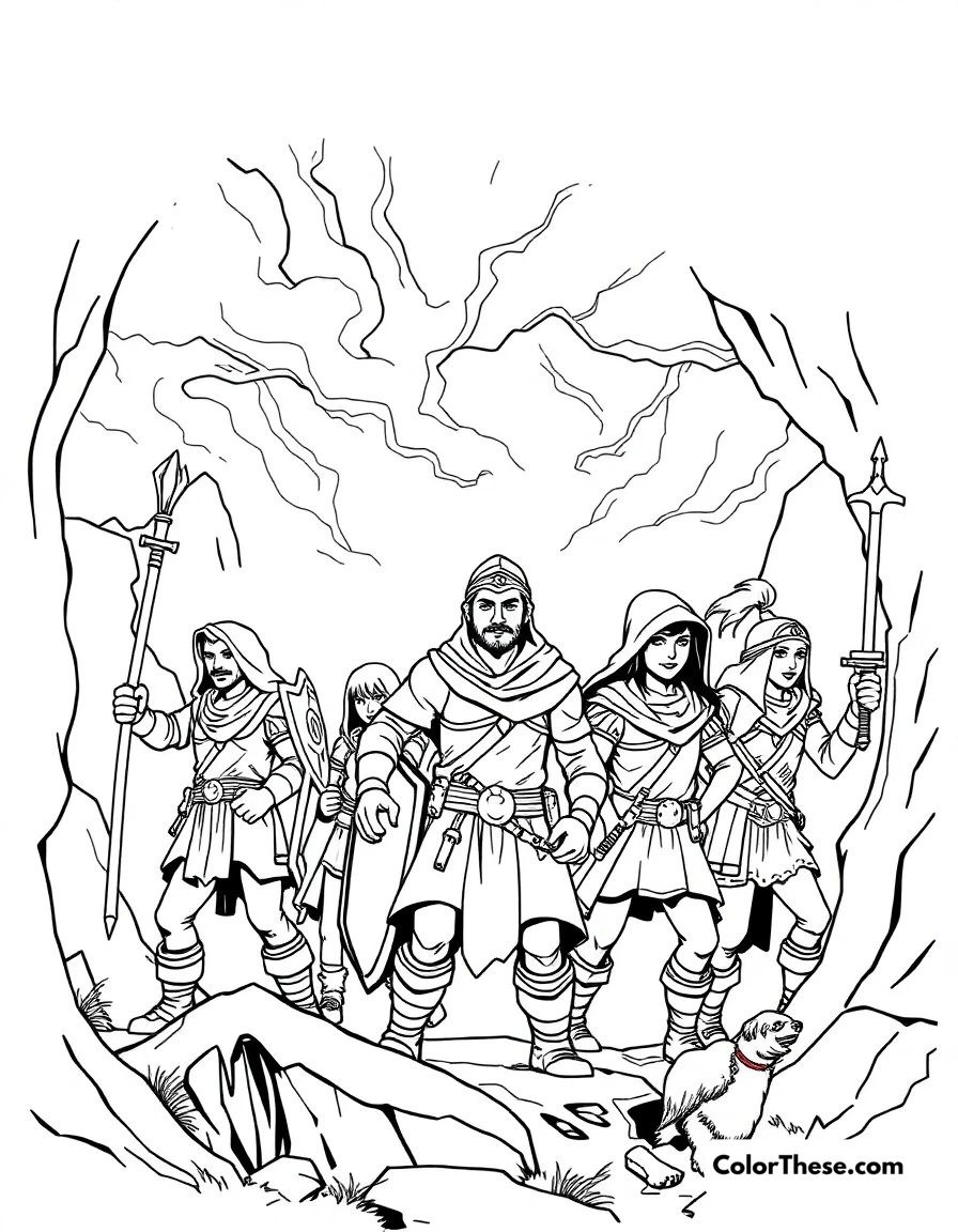 Free printable fantasy quest coloring page for kids and adults. Adventure party of heroes embarking on an epic fantasy quest.