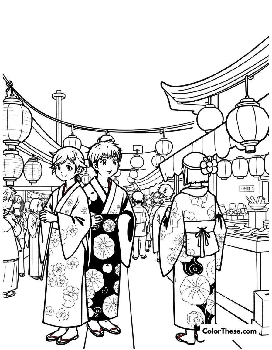 Free printable festival night coloring page for kids and adults. Characters in yukatas enjoying a traditional Japanese festival with lanterns and food stalls.