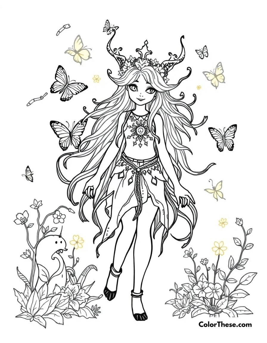 Free printable magical forest spirit coloring page for kids and adults. A mystical forest spirit character surrounded by glowing butterflies and magical forest elements.