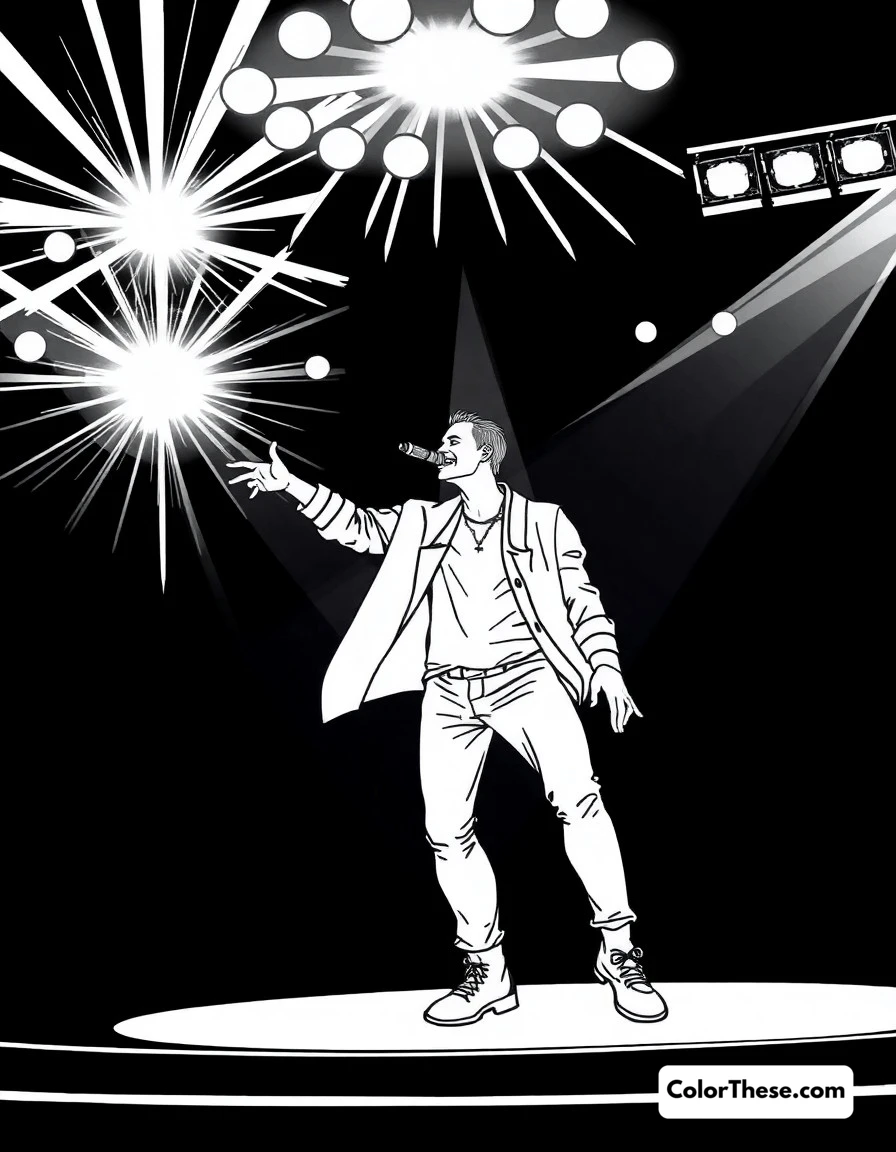 Free printable idol performance coloring page for kids and adults. Energetic idol performer on stage with spectacular lighting and effects.