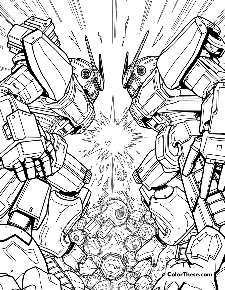 Free printable mecha battle coloring page for kids and adults. Giant robot warriors facing off in an epic battle scene with energy weapons and dramatic effects.