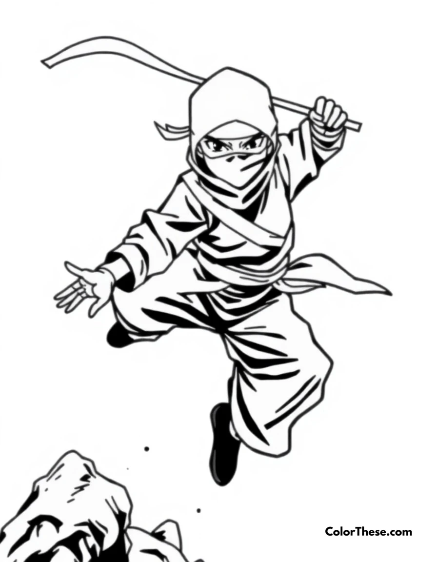 Free printable ninja adventure coloring page for kids and adults. A young ninja leaping through the air, performing an impressive jutsu technique.