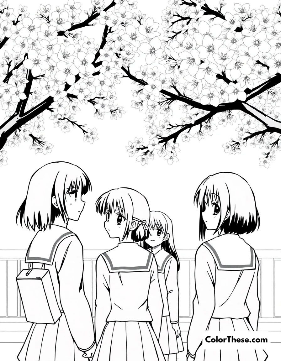 Free printable school life scene coloring page for kids and adults. Classic anime school scene with students in uniform under blooming cherry blossoms.