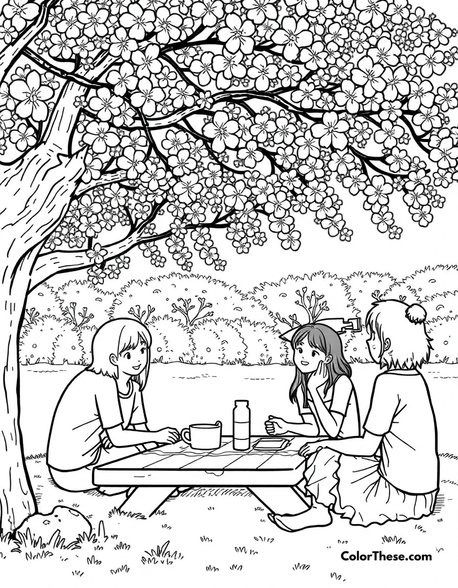 Free printable slice of life coloring page for kids and adults. Peaceful everyday scene with friends enjoying a picnic under cherry blossoms.