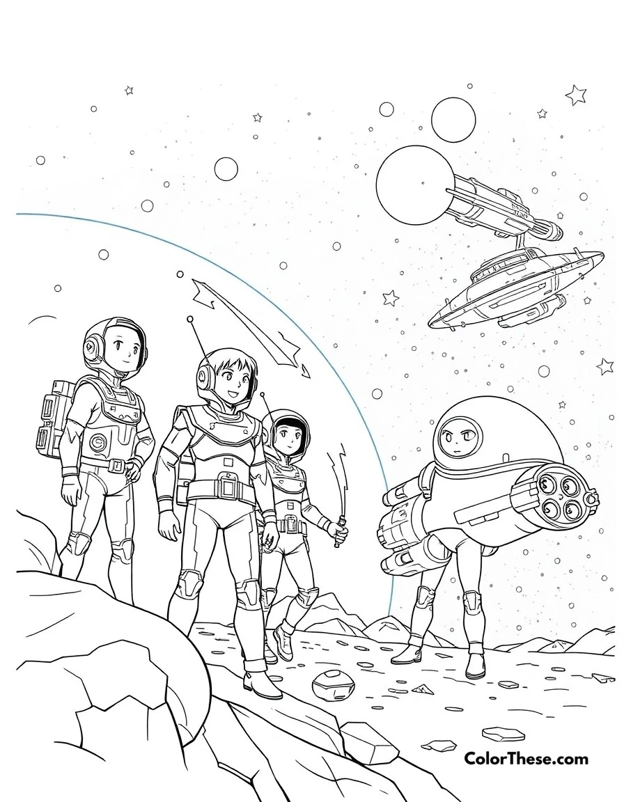 Free printable space adventure coloring page for kids and adults. Anime characters exploring space in futuristic suits and spaceships.