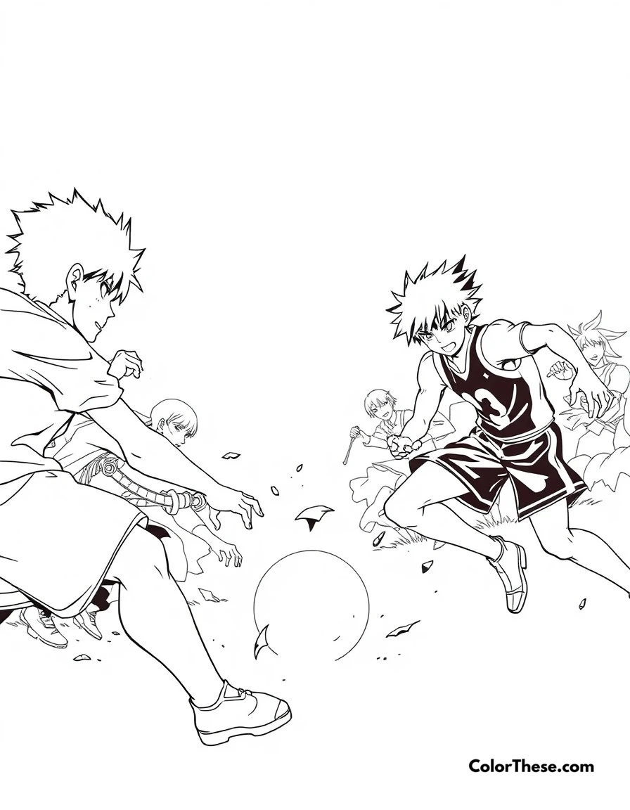 Free printable sports tournament coloring page for kids and adults. Dynamic scene from a sports anime featuring characters in intense competition.