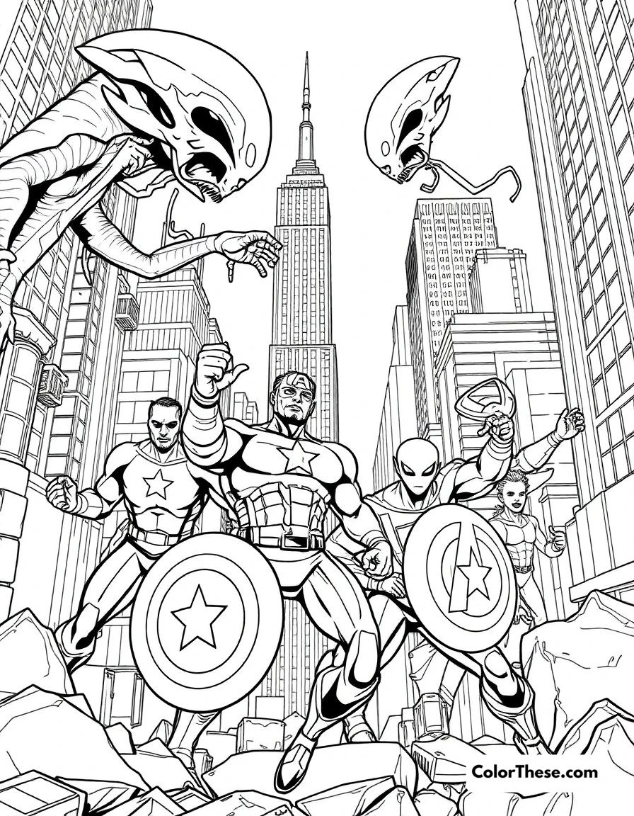 Free printable battle of new york coloring page for kids and adults. The Avengers defending New York City from alien invasion.