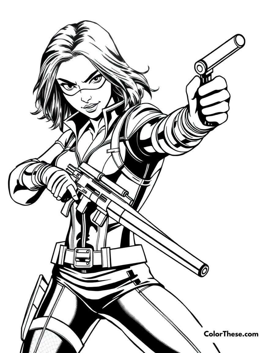 Free printable black widow's mission coloring page for kids and adults. Black Widow in a stealthy action pose with her signature weapons.