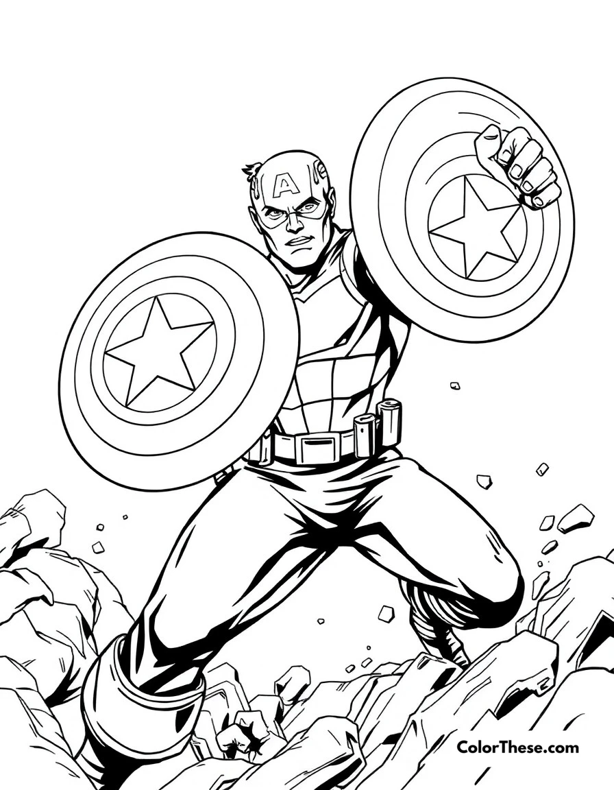 Free printable captain america's shield coloring page for kids and adults. Captain America throwing his iconic shield in a dynamic action scene.