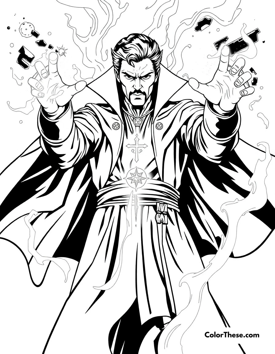 Free printable doctor strange's magic coloring page for kids and adults. Doctor Strange casting powerful spells with mystical symbols.