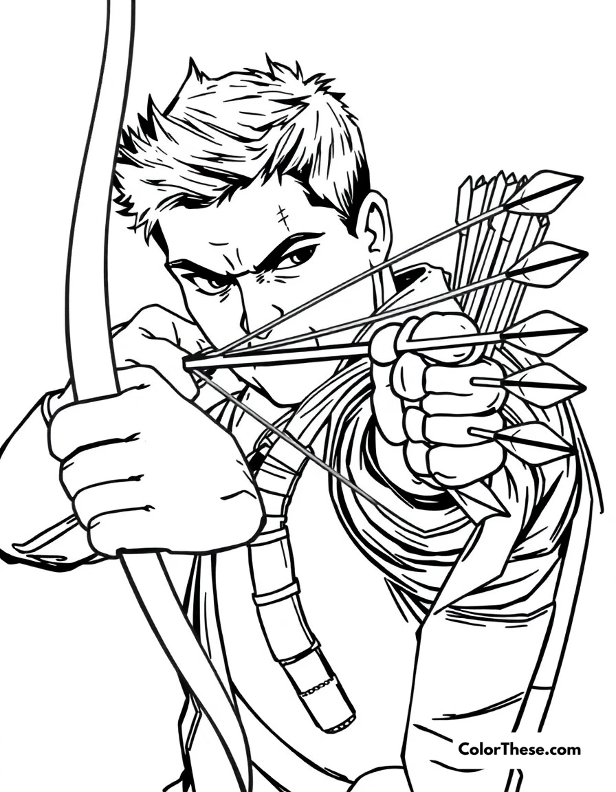 Free printable hawkeye's shot coloring page for kids and adults. Hawkeye taking aim with his bow and special arrows.