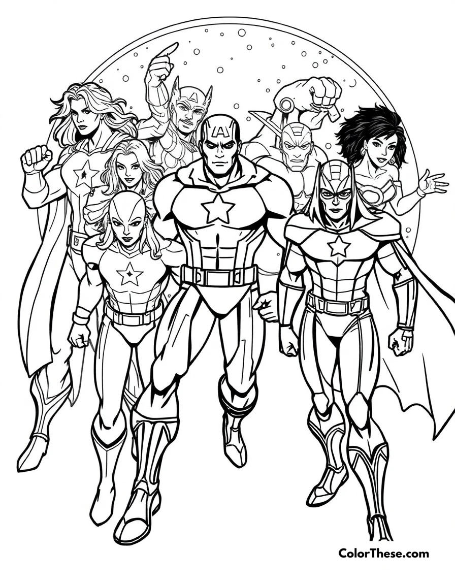 Free printable heroes united coloring page for kids and adults. All the Avengers working together to save the world.
