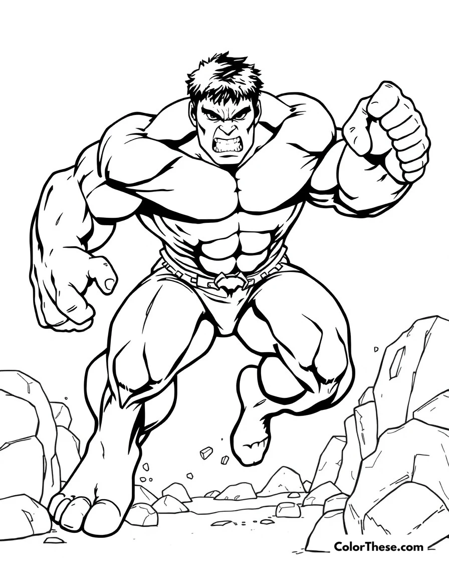 Free printable hulk smash coloring page for kids and adults. The Incredible Hulk mid-leap, ready to smash through obstacles.