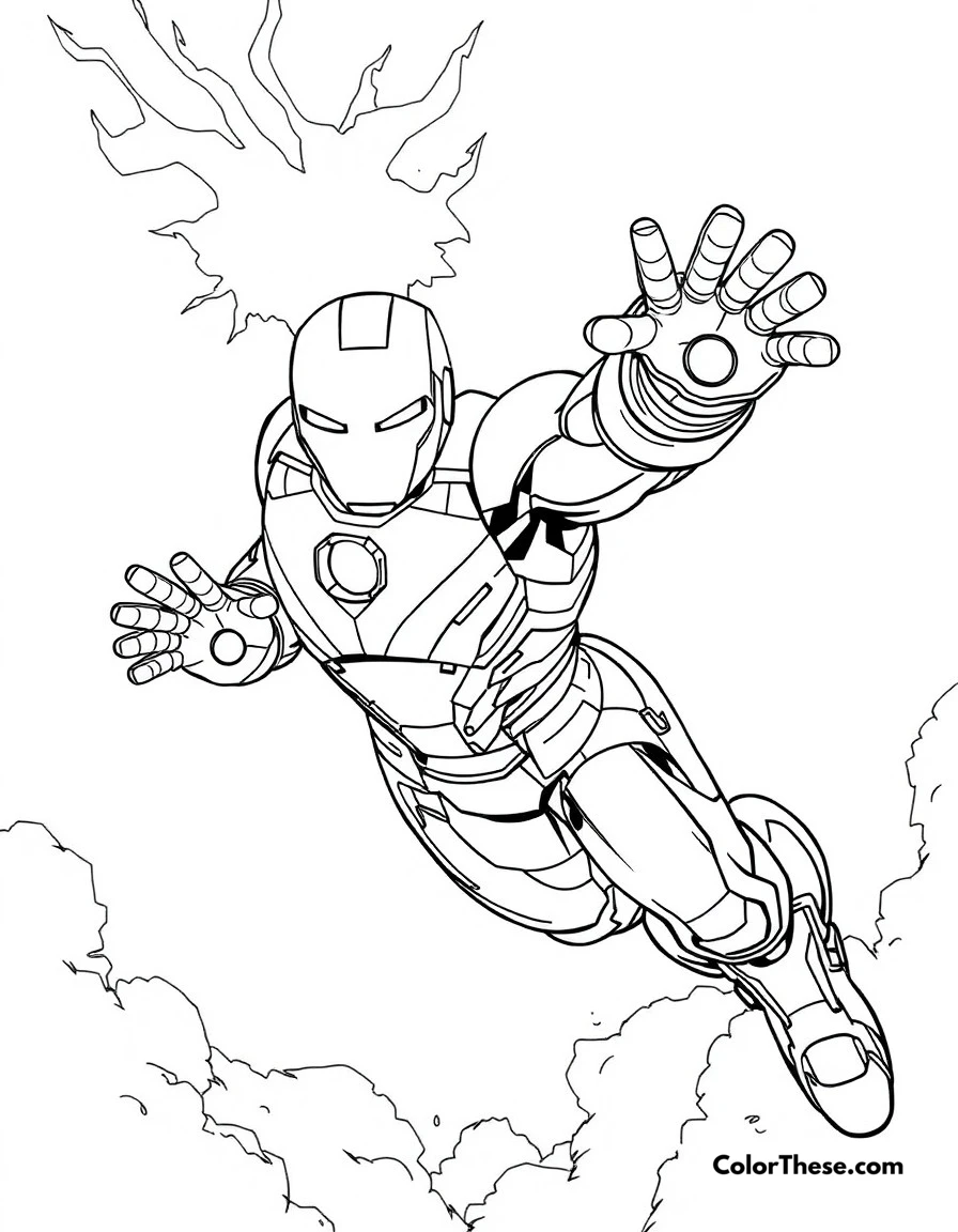 Free printable iron man flight coloring page for kids and adults. Iron Man soaring through the sky with his repulsors blazing.