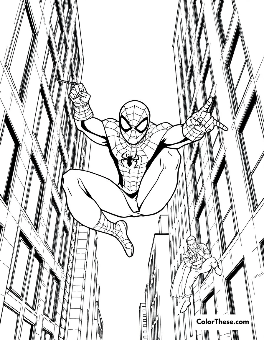 Free printable spider-man swing coloring page for kids and adults. Spider-Man swinging between buildings with the Avengers.
