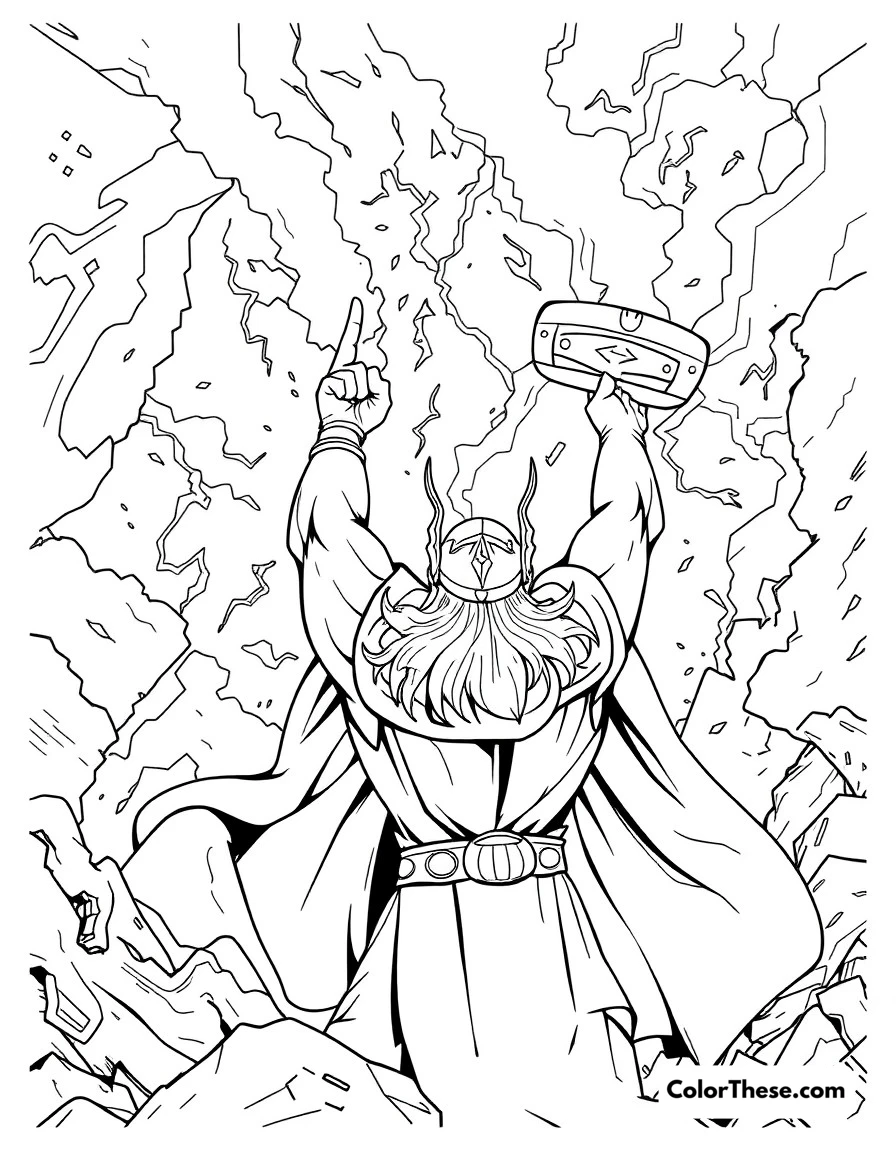 Free printable thor's lightning coloring page for kids and adults. Thor calling down lightning with Mjolnir raised to the stormy sky.