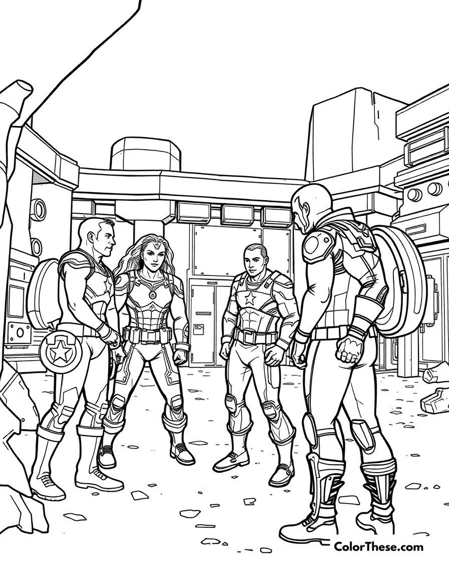 Free printable avengers training coloring page for kids and adults. The team training together in the Avengers compound.