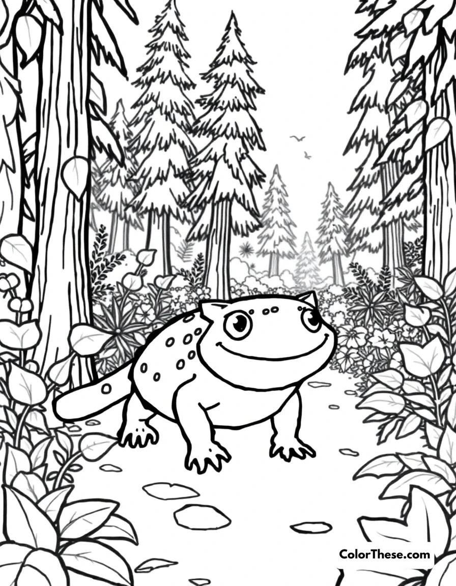 Free printable axolotl in the enchanted forest coloring page for kids and adults. In this picture, there's a friendly axolotl with big smiley eyes, walking through a magical forest filled with tall trees and leafy plants.