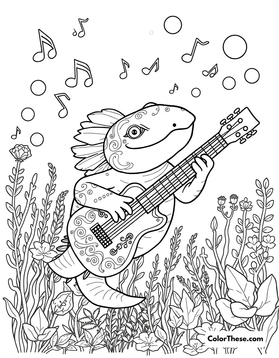 Free printable axolotl's underwater music jam coloring page for kids and adults. Here's our axolotl, playing a beautifully decorated guitar underwater! Around him, there are music notes floating and lots of underwater plants and bubbles.