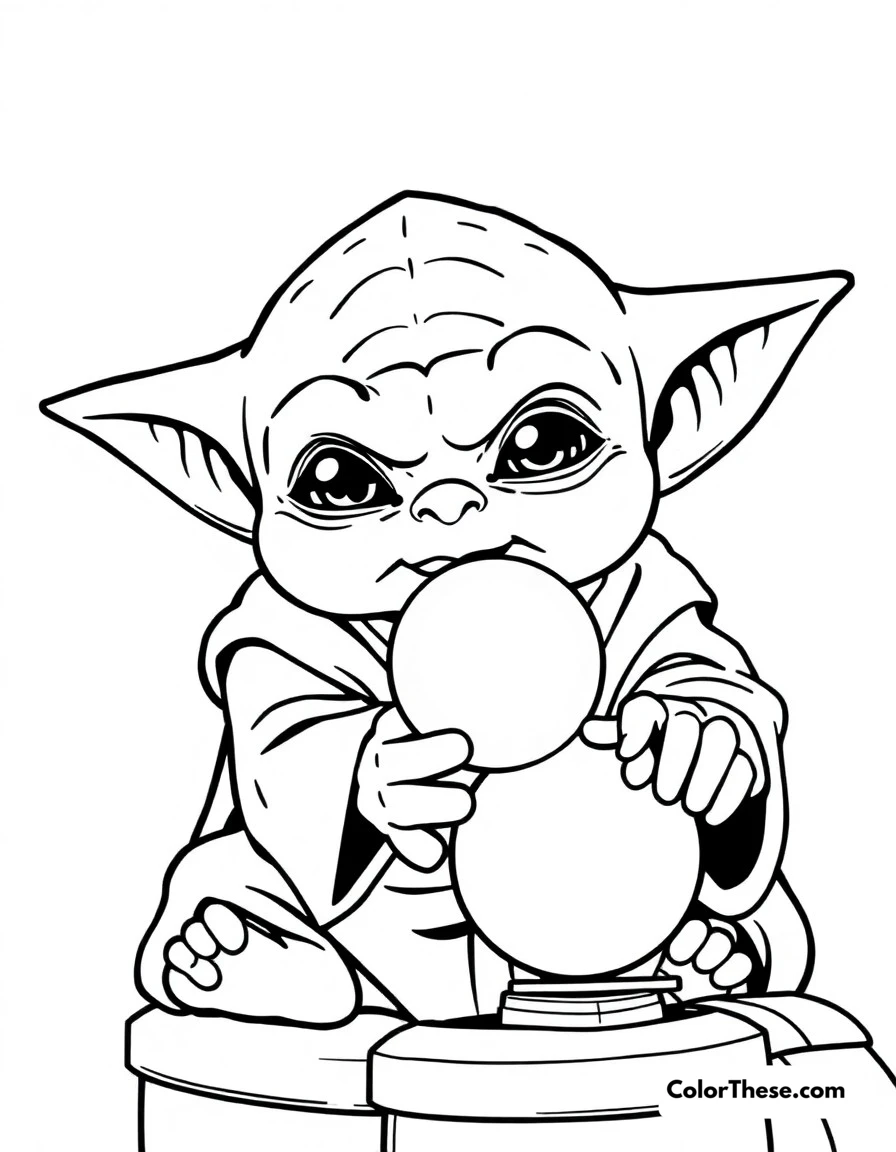 Free printable playing with ball coloring page for kids and adults. Baby Yoda playing with his favorite silver ball from the Razor Crest's control lever.