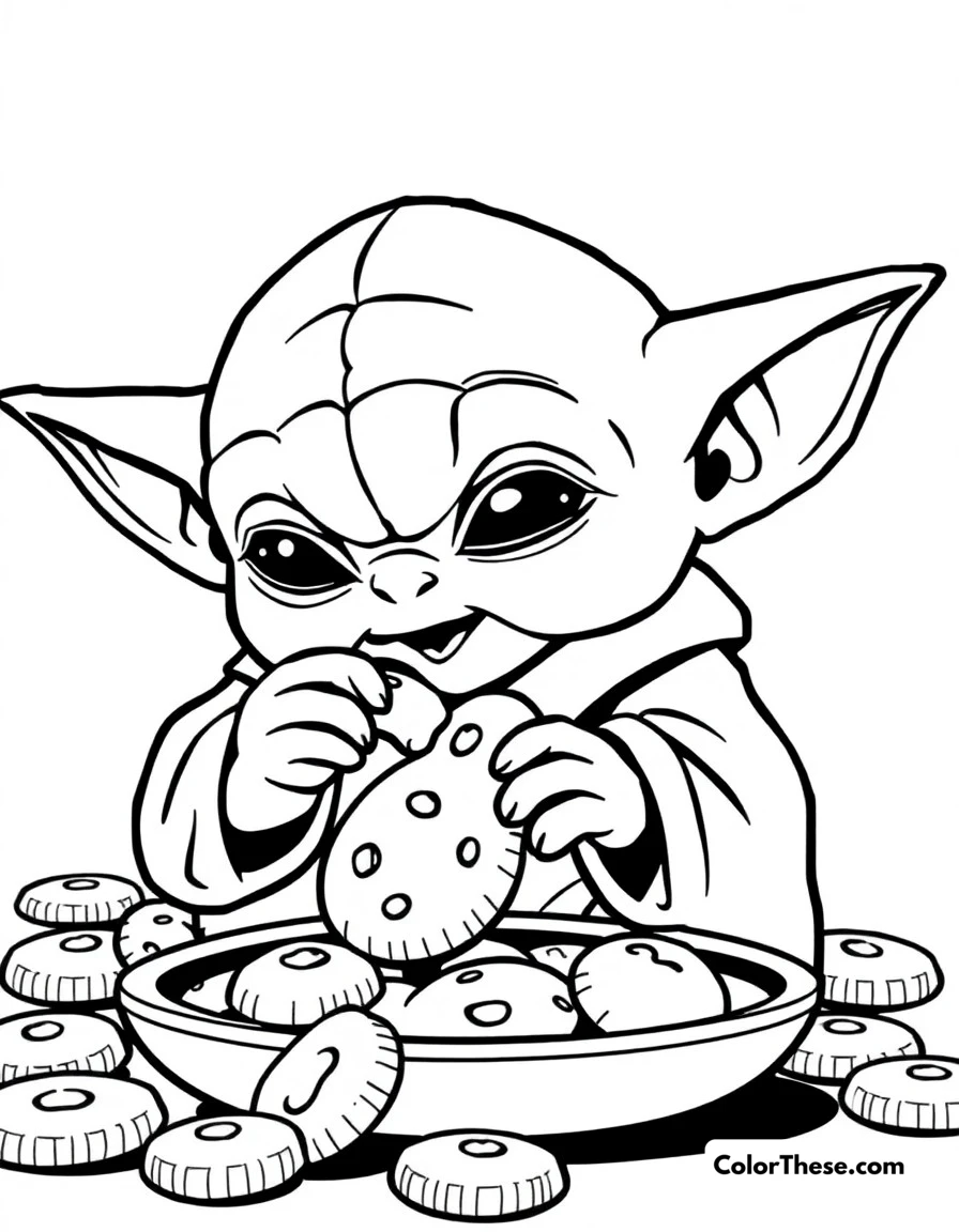 Free printable cookie snack coloring page for kids and adults. Baby Yoda sneakily enjoying his favorite blue cookies from the classroom.