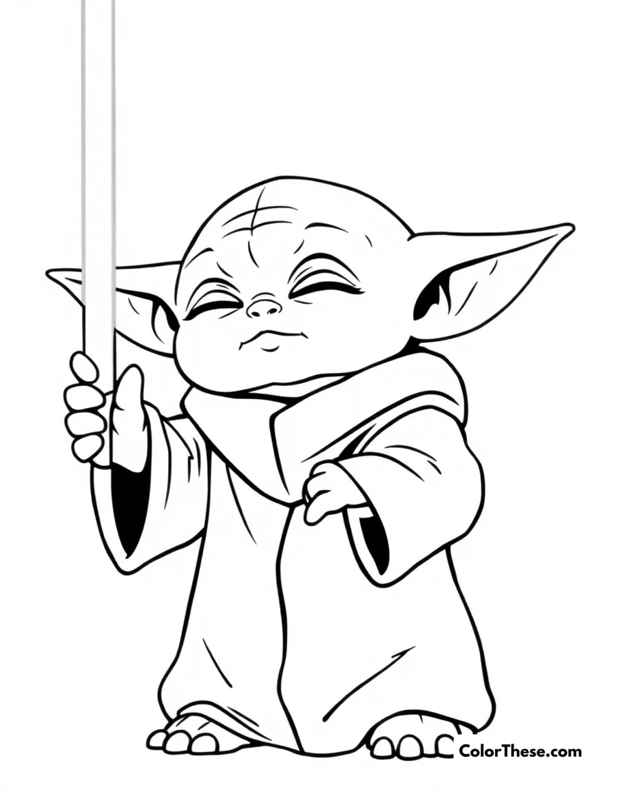 Free printable force powers coloring page for kids and adults. Baby Yoda using the Force to lift an object, with his hand outstretched and eyes closed in concentration.