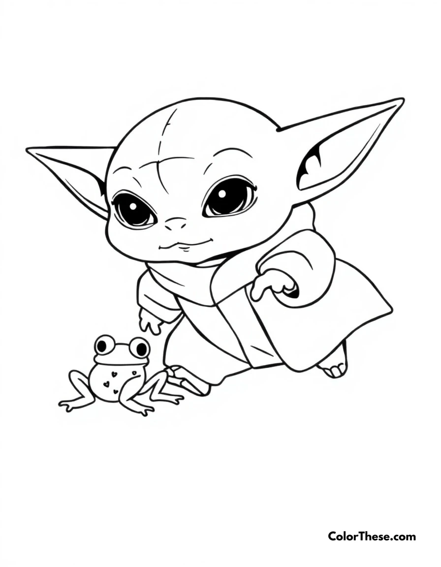 Free printable frog chase coloring page for kids and adults. Baby Yoda chasing after a frog, his favorite snack, with a mischievous expression.