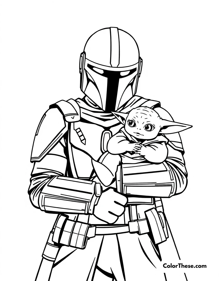 Free printable mando and child coloring page for kids and adults. The Mandalorian holding Baby Yoda protectively, both ready for adventure.