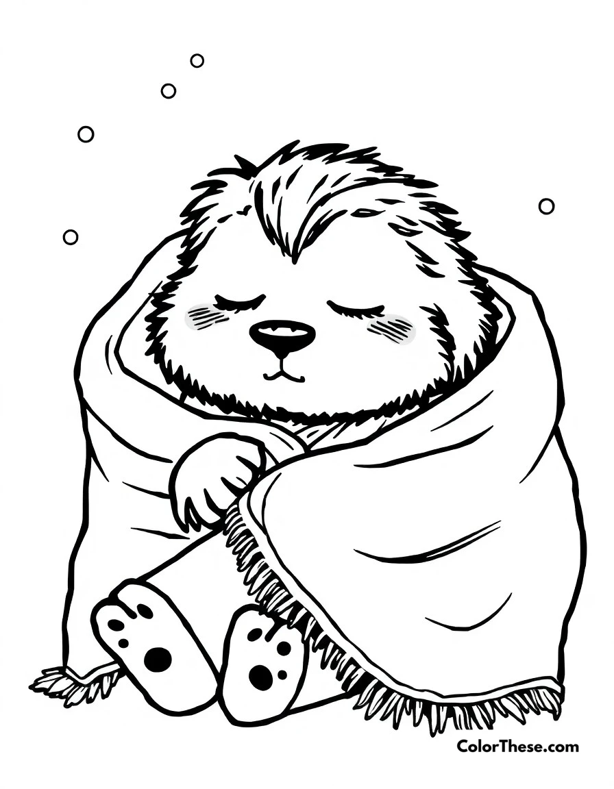 Free printable naptime coloring page for kids and adults. A peaceful scene of Grogu taking a nap, wrapped in his cozy blanket.