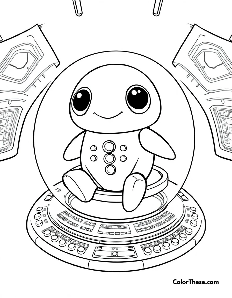 Free printable hovering pod coloring page for kids and adults. Grogu floating in his signature hovering pod, surrounded by control panels and buttons.