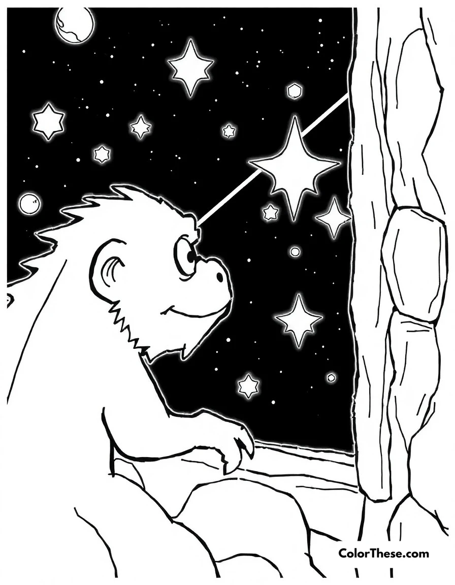 Free printable space travel coloring page for kids and adults. Grogu looking out the window of the Razor Crest at the stars passing by.