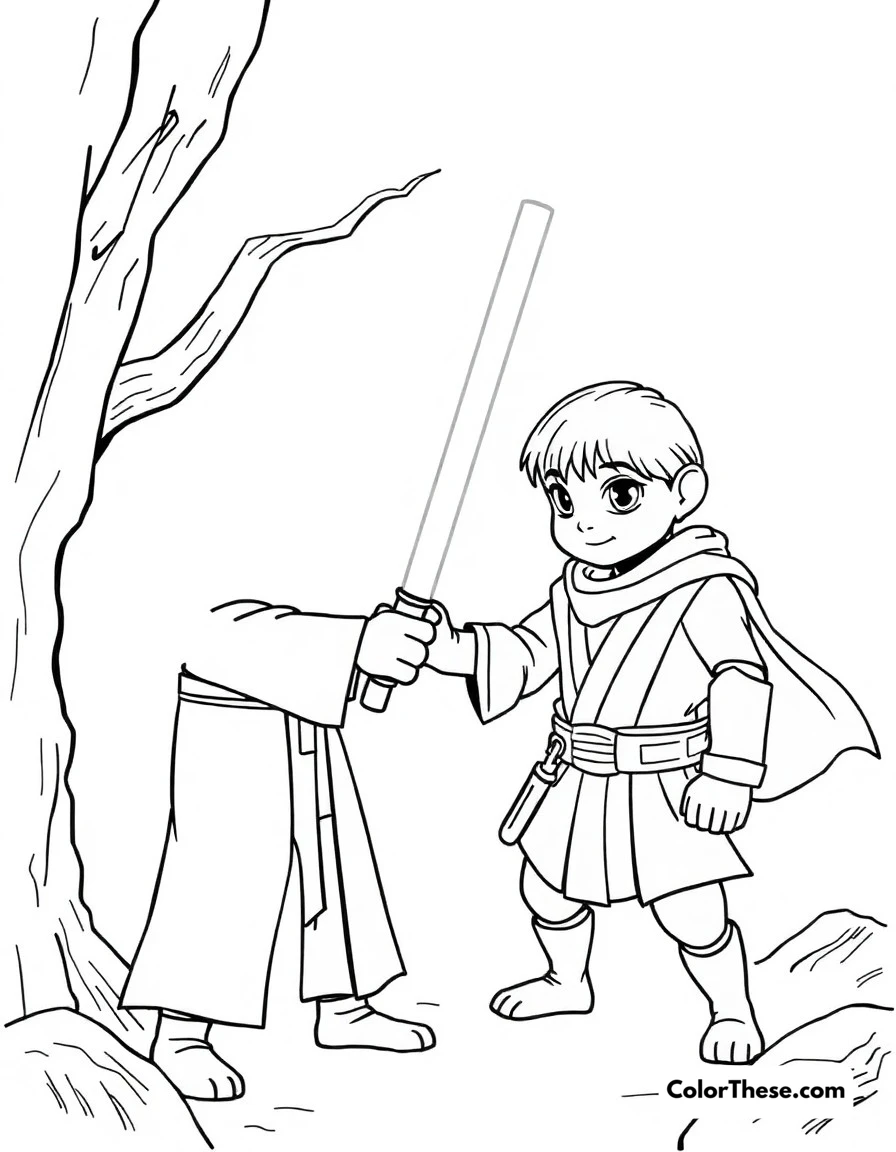 Free printable jedi training coloring page for kids and adults. Grogu practicing his Force abilities with Luke Skywalker watching over him.