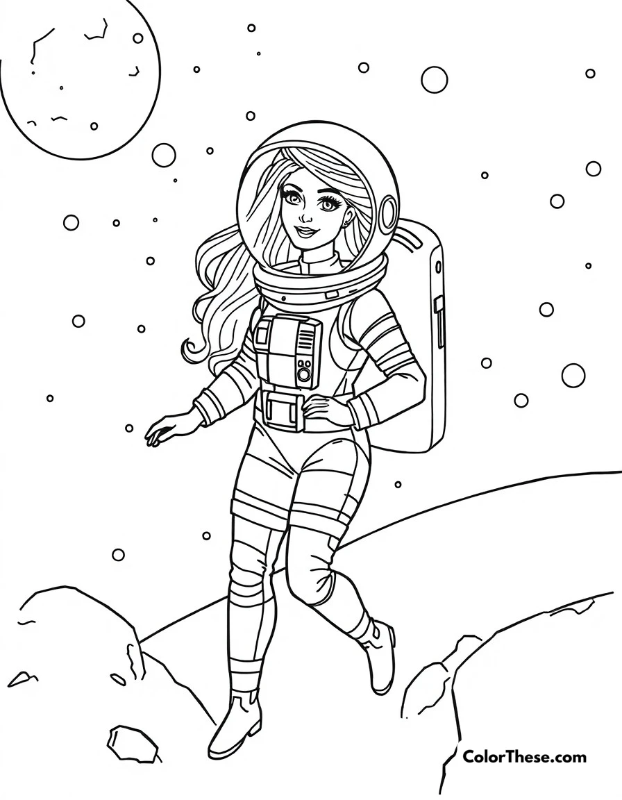 Free printable astronaut barbie coloring page for kids and adults. Barbie in a space suit exploring the cosmos as an astronaut.