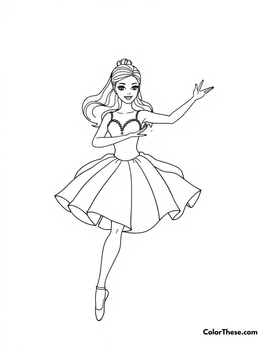 Free printable ballerina barbie coloring page for kids and adults. Barbie performing a graceful ballet dance in a beautiful tutu.