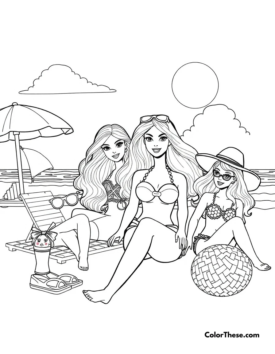 Free printable barbie's beach day coloring page for kids and adults. Barbie enjoying a sunny day at the beach with her friends and beach accessories.