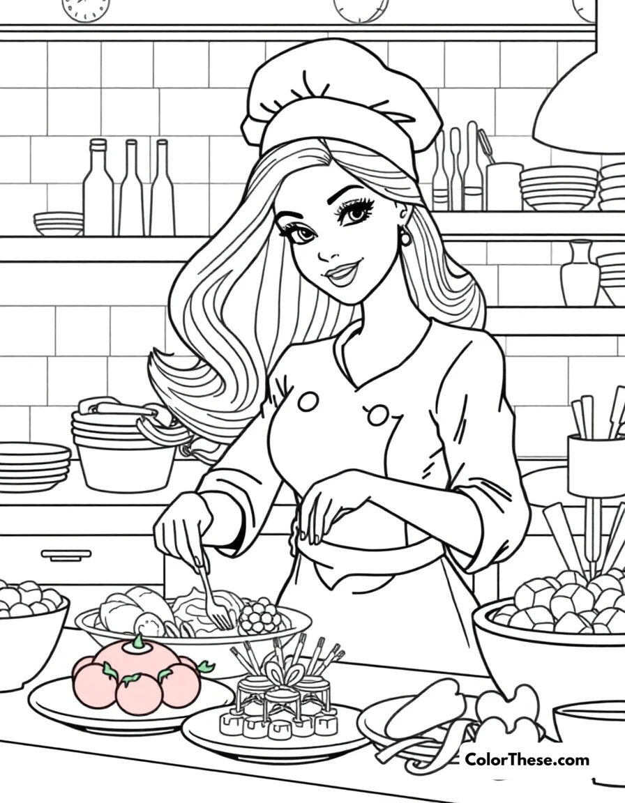 Free printable chef barbie coloring page for kids and adults. Barbie as a professional chef creating delicious dishes in her restaurant kitchen.