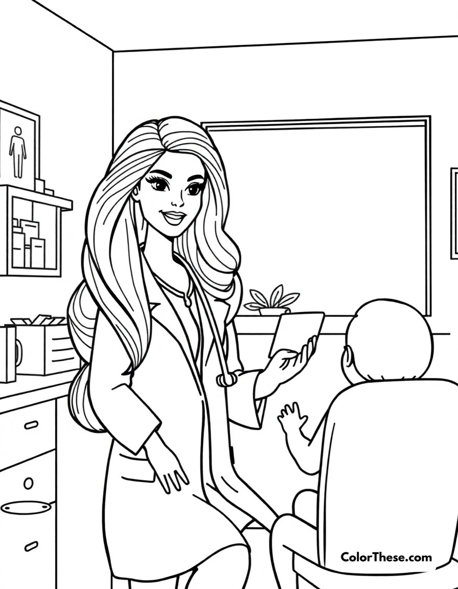 Free printable doctor barbie coloring page for kids and adults. Barbie as a caring doctor helping patients in her medical office.