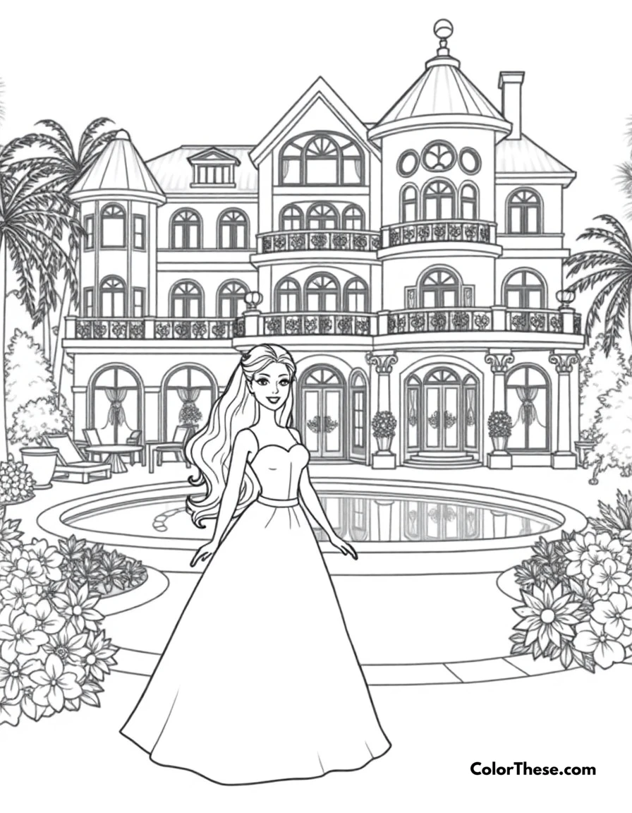 Free printable barbie's dream house coloring page for kids and adults. Barbie in front of her magnificent dream house with multiple floors, a pool, and beautiful gardens.