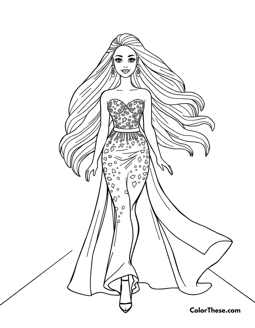 Free printable barbie's fashion show coloring page for kids and adults. Barbie walking the runway in a stunning designer outfit with sparkles and flowing fabric.