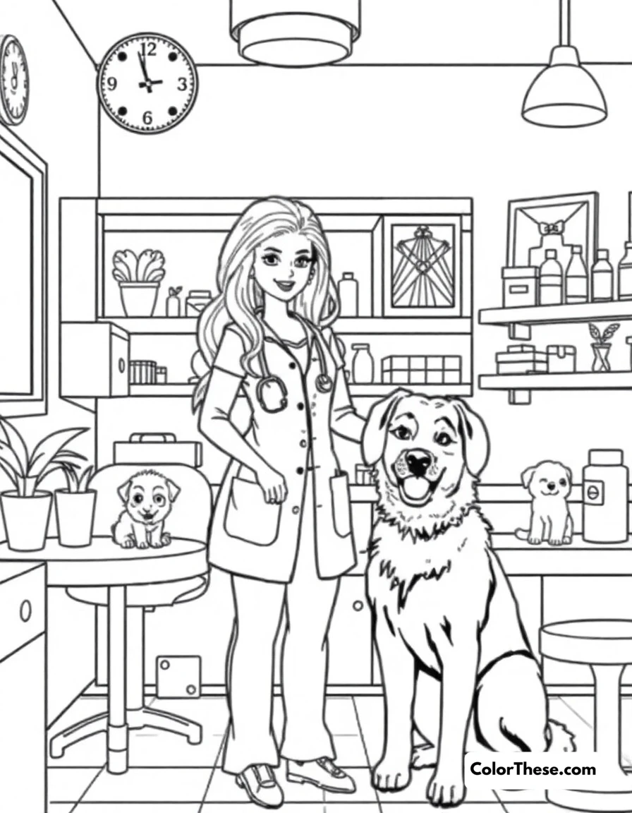 Free printable barbie's pet salon coloring page for kids and adults. Barbie as a veterinarian taking care of adorable pets in her modern pet salon.