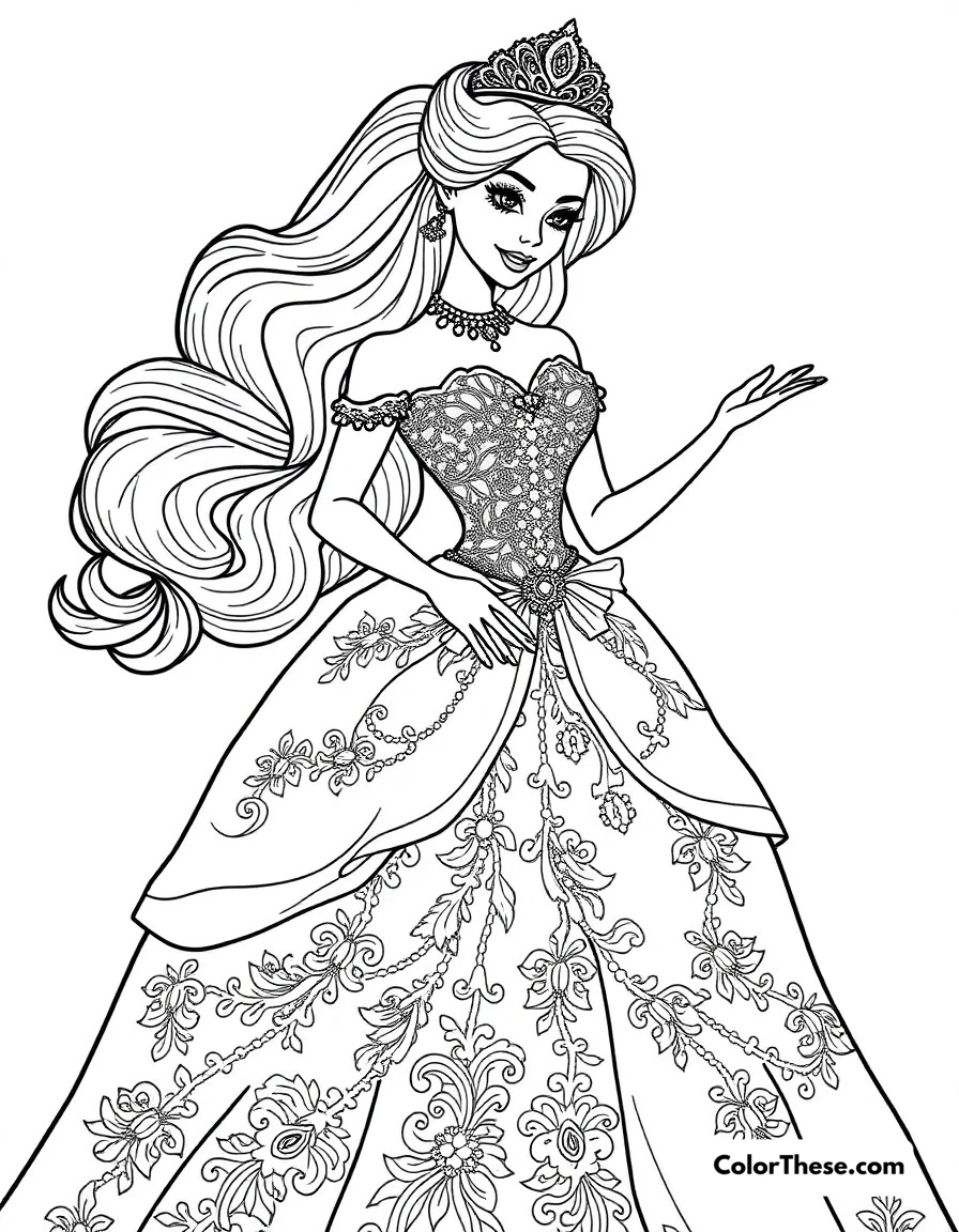 Free printable princess barbie coloring page for kids and adults. Barbie in an elegant princess gown with intricate details and sparkling accessories.