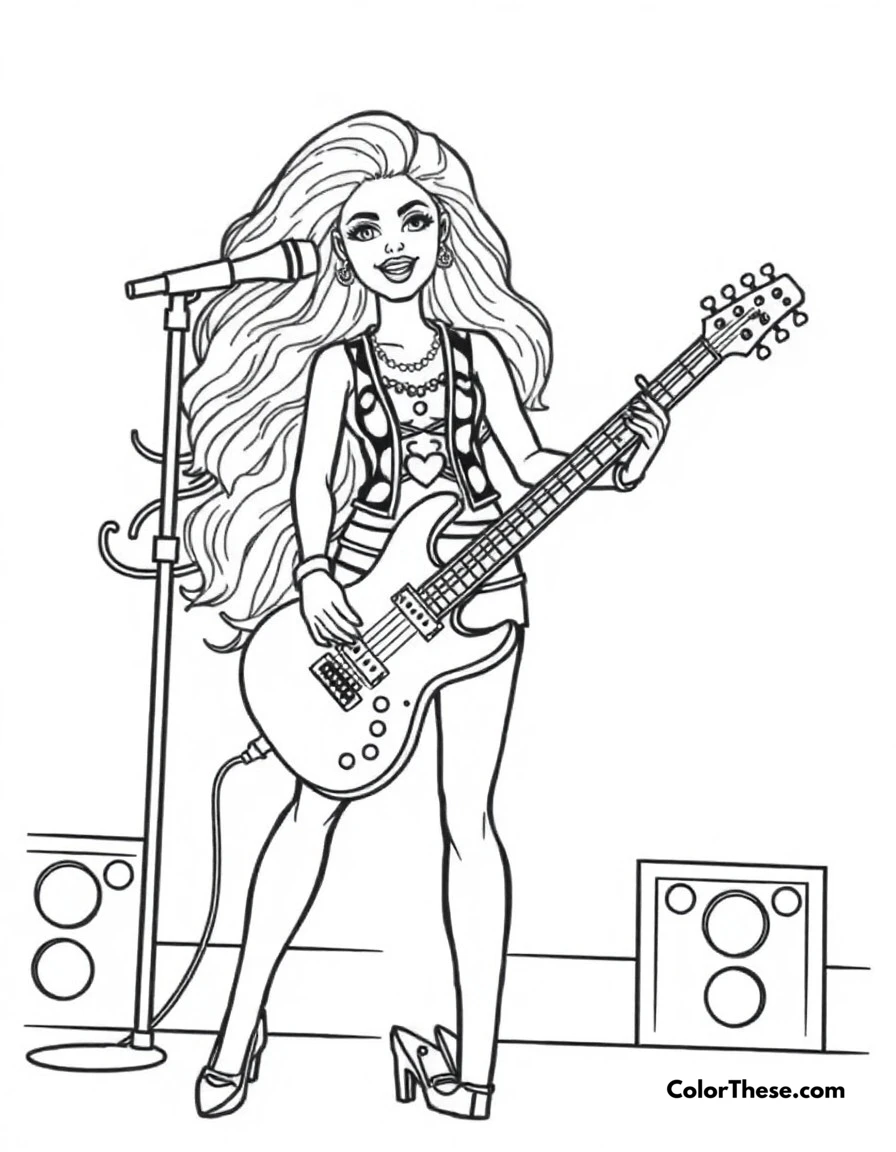 Free printable rock star barbie coloring page for kids and adults. Barbie performing on stage as a rock star with her electric guitar.