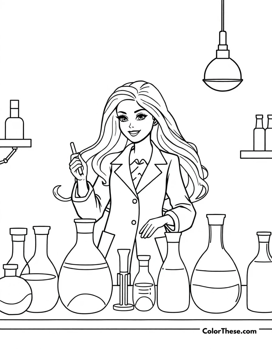 Free printable scientist barbie coloring page for kids and adults. Barbie conducting experiments in her laboratory as a brilliant scientist.
