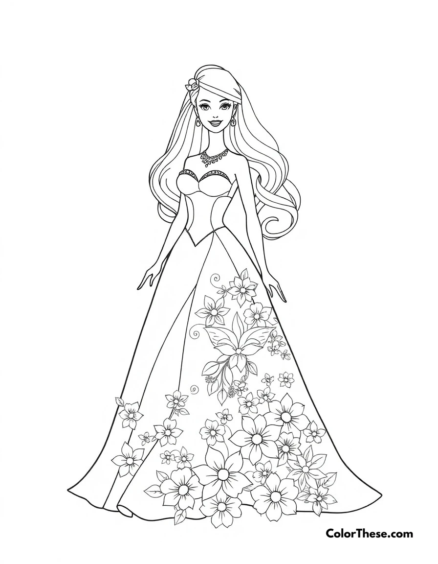 Free printable wedding barbie coloring page for kids and adults. Barbie in a stunning wedding dress with beautiful floral decorations.
