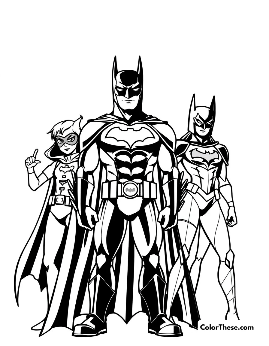 Free printable bat-family united coloring page for kids and adults. Batman with his allies – Robin, Batgirl, and Nightwing – ready to protect Gotham.