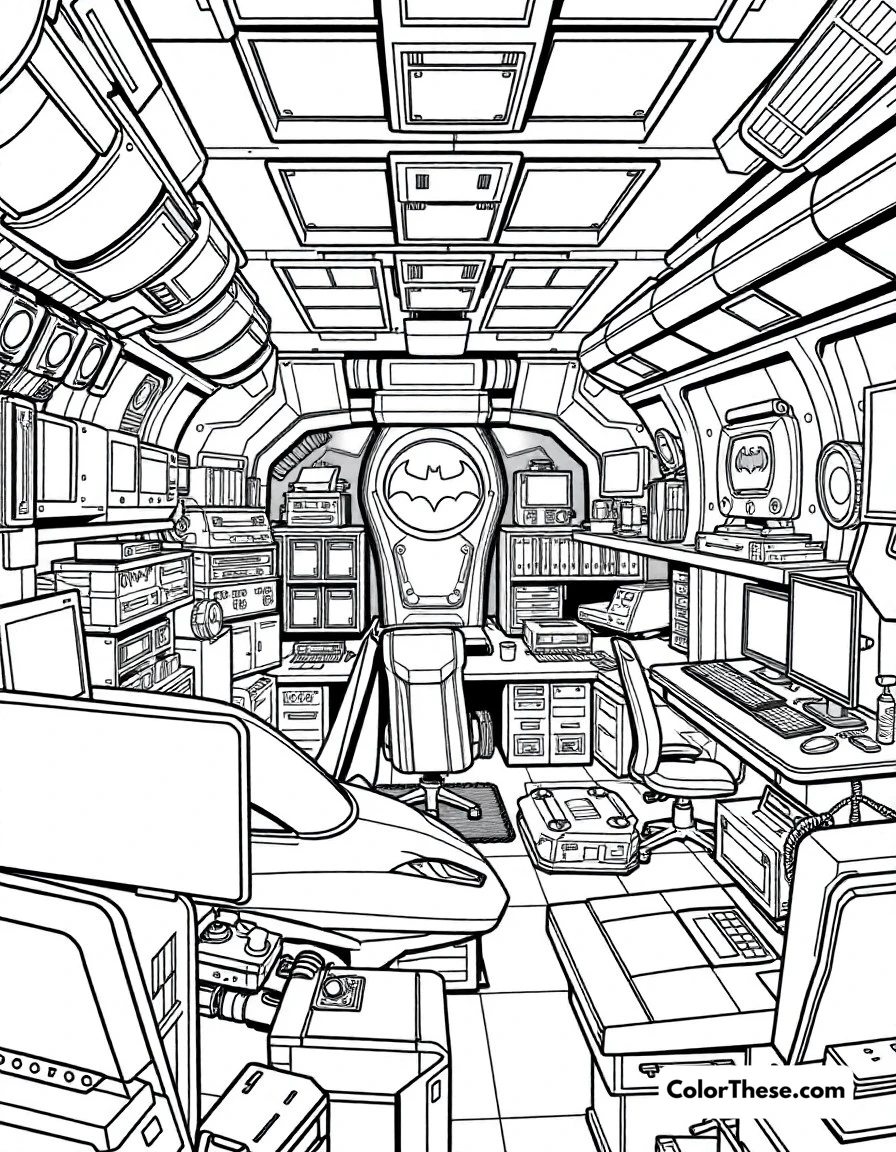 Free printable batcave headquarters coloring page for kids and adults. The high-tech Batcave filled with Batman's vehicles, computers, and crime-fighting equipment.
