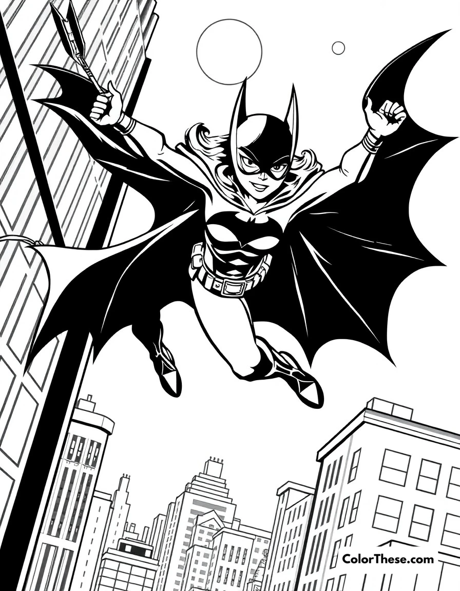 Free printable batgirl's patrol coloring page for kids and adults. Batgirl swinging through Gotham on her patrol route.